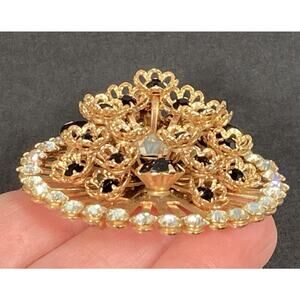 Vintage Flower Rosette Layered 3D Filigree Rhinestone Gold Brooch Unique